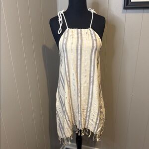 Beachables Womens Large Elegant Cream and Gray Striped Mini Dress